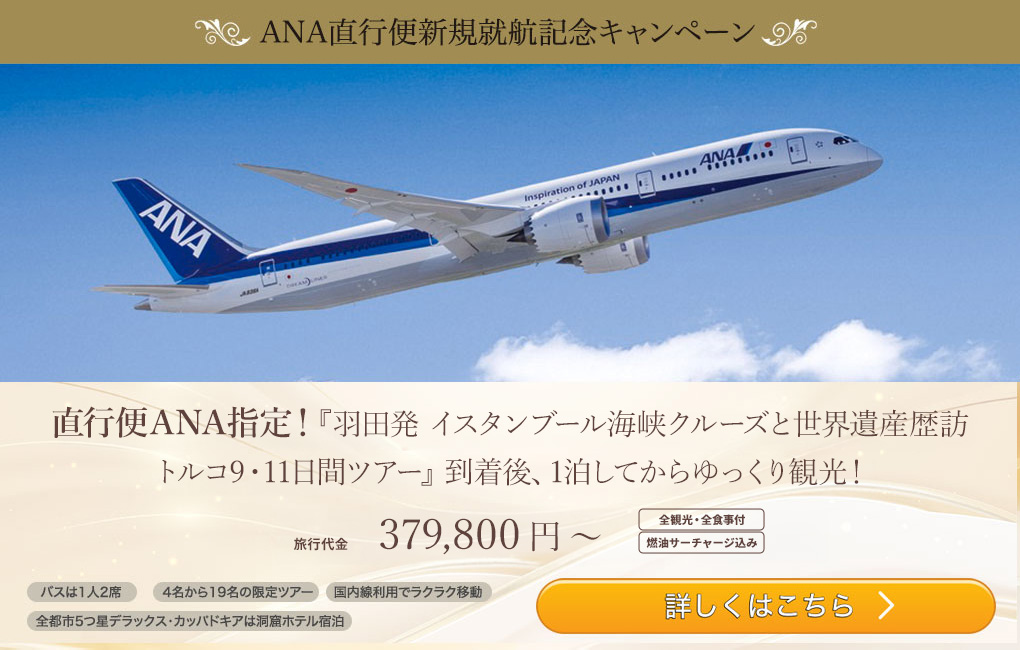 直行便ANA指定！『羽田発 イスタンブール海峡クルーズと世界遺産歴訪トルコ9日間ツアー』イスタンブール3連泊でゆったり滞在！